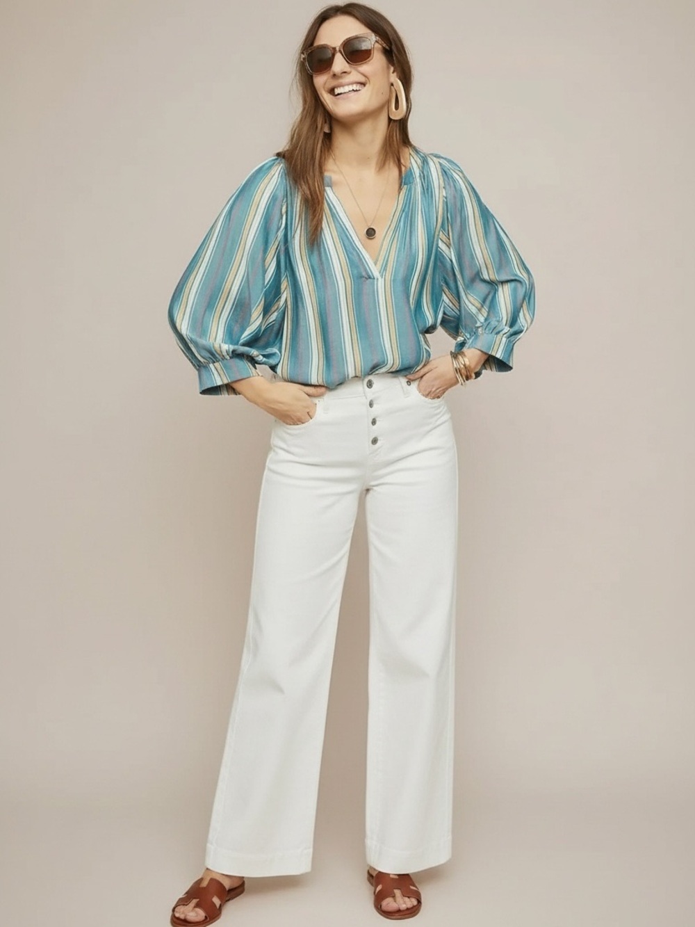 MAEVE ANTHROPOLOGIE Byron Striped Peasant Top Blouse Sz S 3/4 Sleeve Boho V-neck